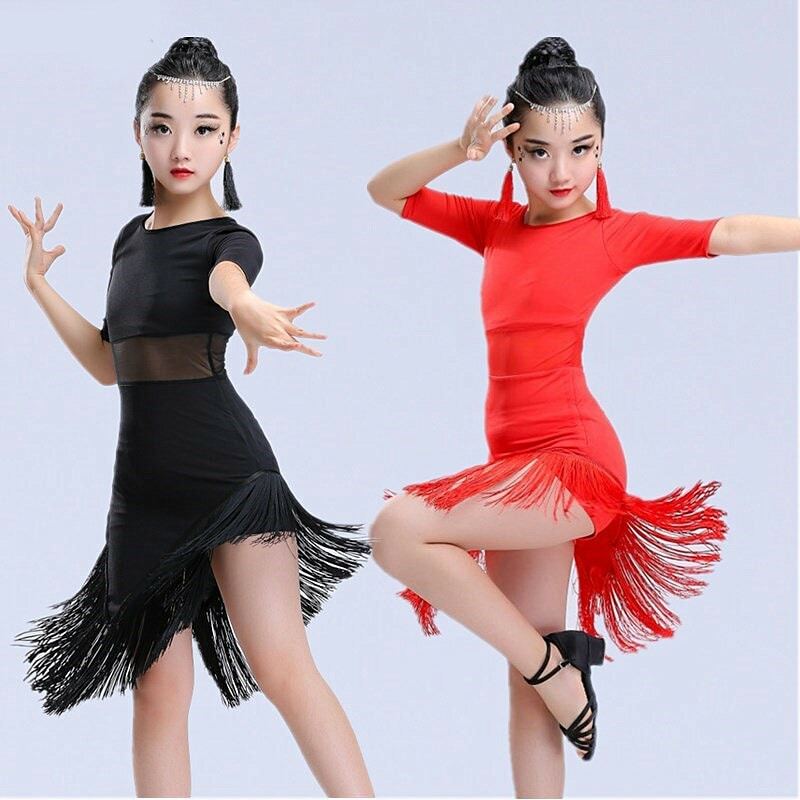 Neue Kinder Kind Mädchen Latin Dance Kleid Fringe Latin Dance Kleidung Salsa Kostüm Schwarz Rot Ballsaal Tango Kleider Für Verkauf