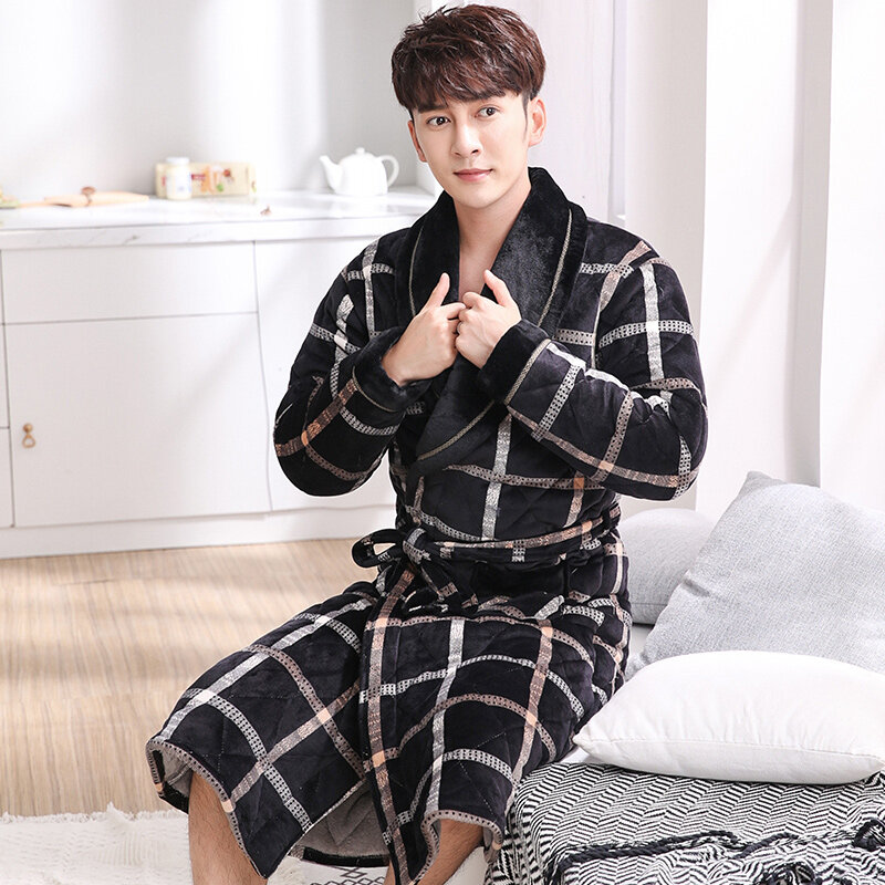 Vestido masculino coral feduro, novo roupão de inverno com 3 camadas, xadrez de manga comprida, estilo kimono, roupa casual para casa, spa, roupa para dormir