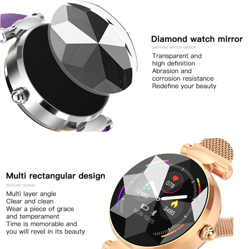 B80 montre intelligente H3 femmes Smartwatch diamant verre dame Reloj pression artérielle PPG moniteur de fréquence cardiaque Tracker de Fitness