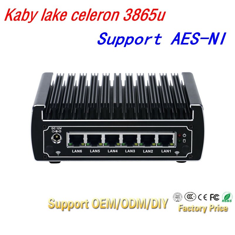 Pfsense computers intel kaby lake celeron 3865u dual core fanless mini pc 6 gigabit lan's firewall router ondersteuning AES-NI 4 * USB3.0