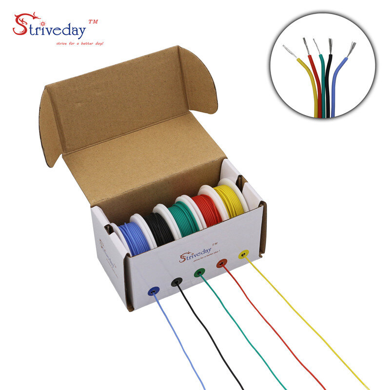 Cable trenzado Flexible de silicona blanda, Cable eléctrico de cobre estañado, 50m por caja, kit de 5 colores, 30AWG