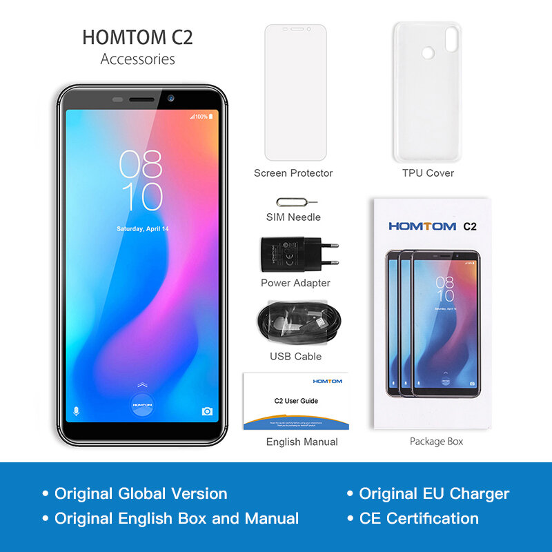 Wersja globalna HOMTOM C2 z systemem Android 8.1 2 + 16 GB ROM telefon komórkowy identyfikator twarzy MTK6739 Quad Core13MP podwójny aparat fotograficzny OTA 4G FDD-LTE smartfon