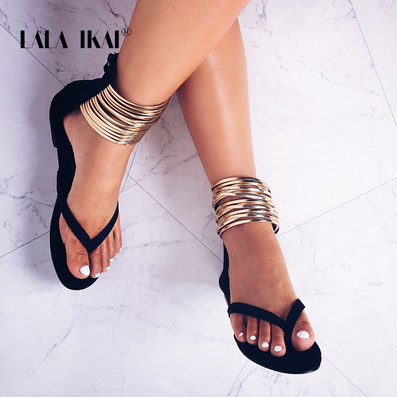 Lala ikai sandálias de verão plana gladiador flip flops banda estreita sandálias femininas 2020 novos sapatos de verão 014a2039-49