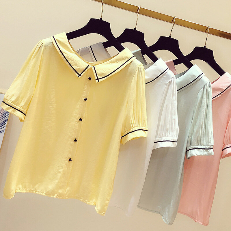 Summer New Korean Chiffon Shirt Girl Short Sleeve Turn Down Collar Blouse Women Student Fashion Preppy Style Top Shirts H9094