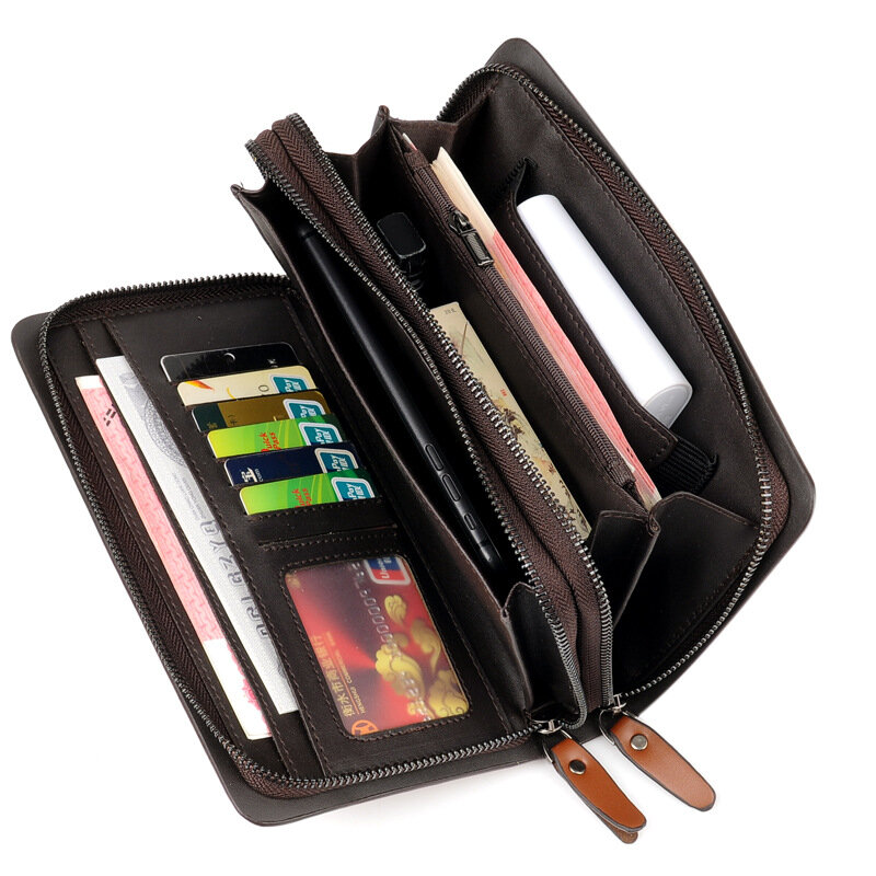 男性用の二重ジッパー付きポケット,大容量の財布,ソフトロングウォレット,電話ケース,カードホルダー