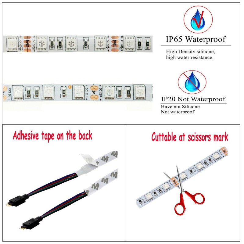 LED Strip Lights SMD 5050 RGB Tape Ribbon 12V 150leds Non waterproof Flexible Rope String 44Key Music Bluetooth WiFi Controller