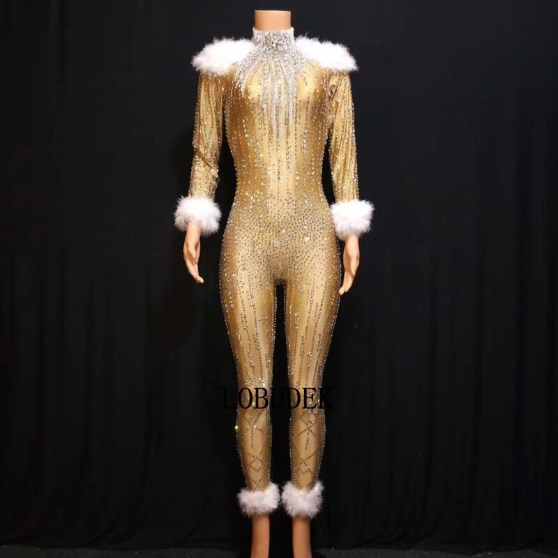Gold Rhinestones Feathers Sleeve Skinny Jumpsuit Female Crystals Elastic Leotard Stage Wear Club Bar Party Singer Dancer Costume