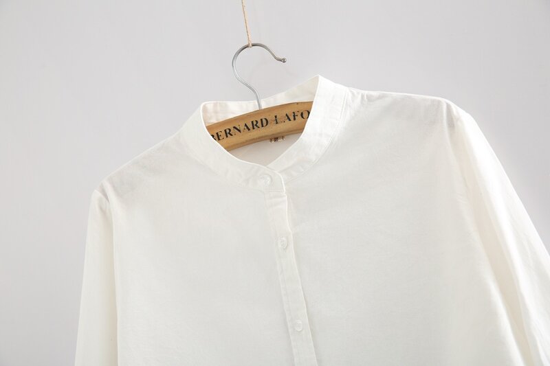 EYM-camisa informal de algodón para mujer, Blusa de manga larga con cuello levantado, Color blanco liso, estilo Simple, novedad de 2021