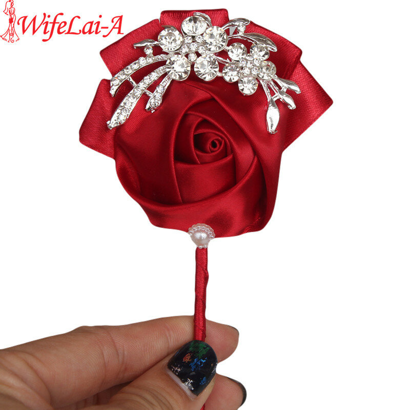 Top Quality Diamond Silk WineRed Color Bouquet Corsage Diamond Rose Accessories for Wedding Bride and Groom Brooch Pin X1104-1