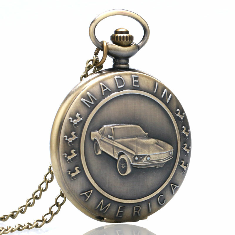 Retro Bronze Mustang Muster Auto Quarz Taschenuhr Halskette Kette Männer Frauen Anhänger FOB Uhren Anhänger Kette Vintage Geschenke