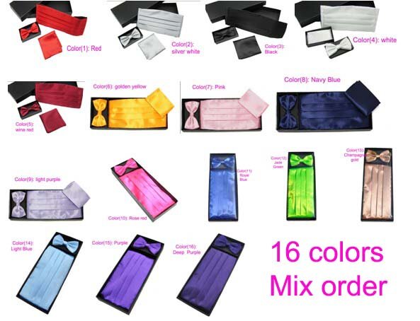 1 zestaw Cummerbunds łuk krawat i kieszeń kwadratowy na ślub Graduation, 16 kolorów do wyboru