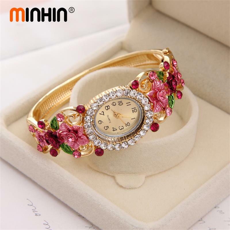 Minhin marca de luxo pulseira relógio senhoras cristal flor pulseira feminino lindo presente vestido quartzo relógio banhado a ouro relógio pulso