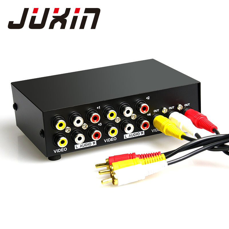 JUXIN AV 스위치 RCA 오디오 스위처, HDTV LCD 프로젝터 DVD용, 오디오 비디오 컨버터 박스 선택기, 4 포트, 4 in 1 out, 3RCA