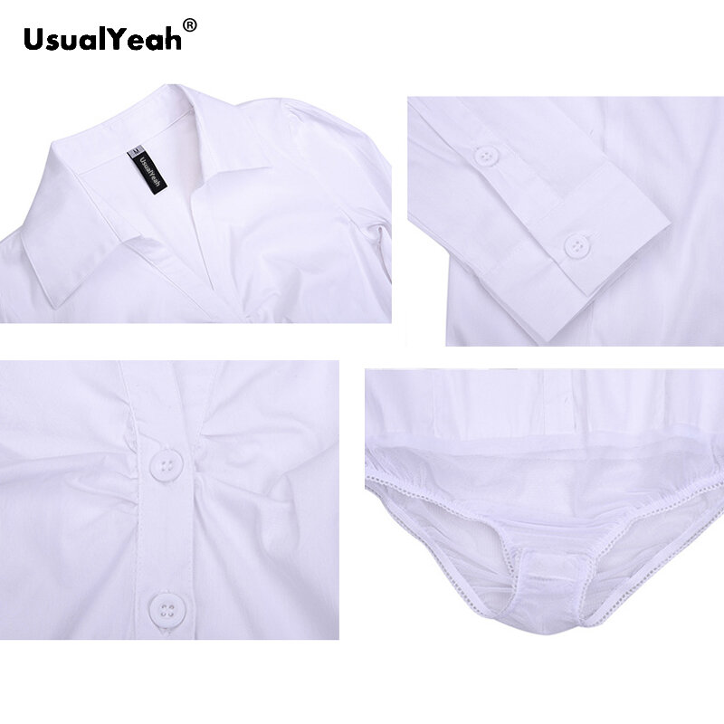 Usoalyes-Camisa de manga larga con pliegues frontales para mujer, Blusa de algodón minimalista con cuello en V, color azul claro y blanco