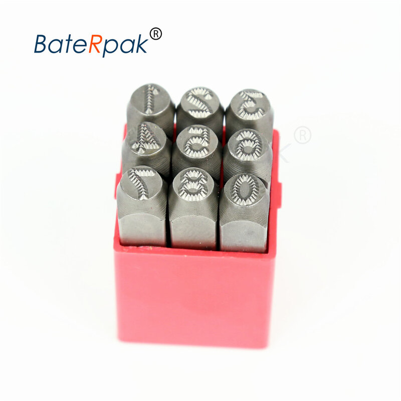Sello de acero punteado con números 6/7/8/10mm, sello de número de chasis de coche BateRpak, letras de sello de punzón de palabras de acero/sello de punto de matriz, 9 piezas/caja