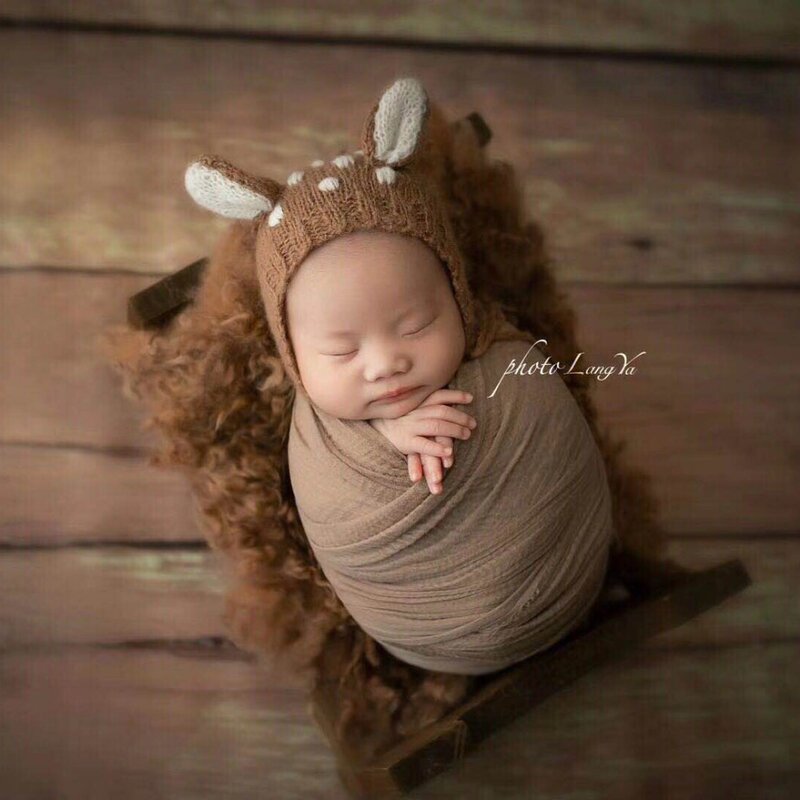 Chapéu de rena recém-nascido envoltório e brinquedo conjunto crochê mohair veados boneca fotografia adereços malha bebê bonnet brinquedo envoltório foto acessórios