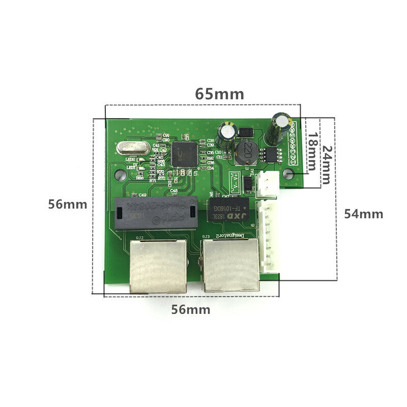 OEM factory direct mini fast 10/100mbps 2 port ethernet network lan hub switch board two layer pcb 2 rj45 1*8pin head port