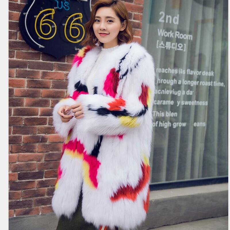 Casaco de raposa com estampa decorativa, casaco feminino de pele de raposa com estilo popular para inverno 2018