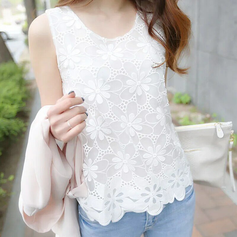 Womens Tops Blouse Shirts Plus Size Summer Elegant Sleeveless White Tops and Blouses Crochet Shirt For Women Blusas Vest Camisa
