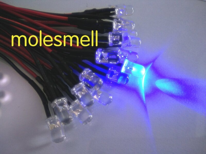 Juego de luces LED de 50 piezas, 5mm, 5v, azul, transparente, precableado, 5mm, 5V, CC, azul