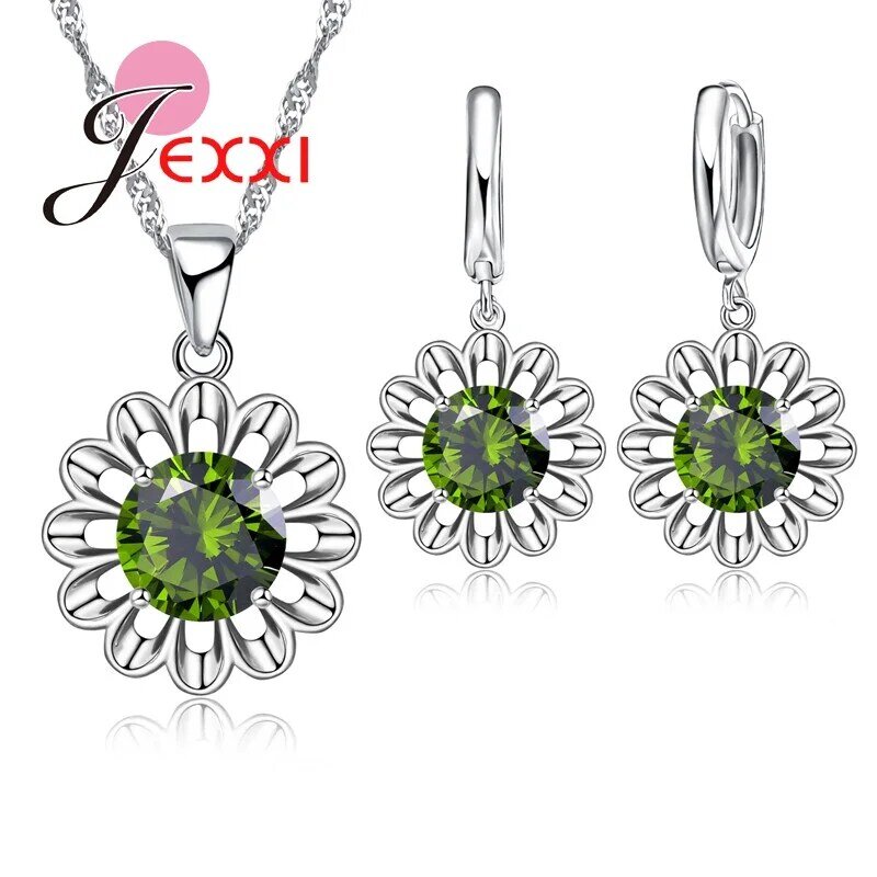 Indah Bunga Matahari Romantis 925 Sterling Silver Perhiasan Set untuk Wanita Pengantin Pernikahan Anting-Anting/Rantai/Kalung/Liontin Set