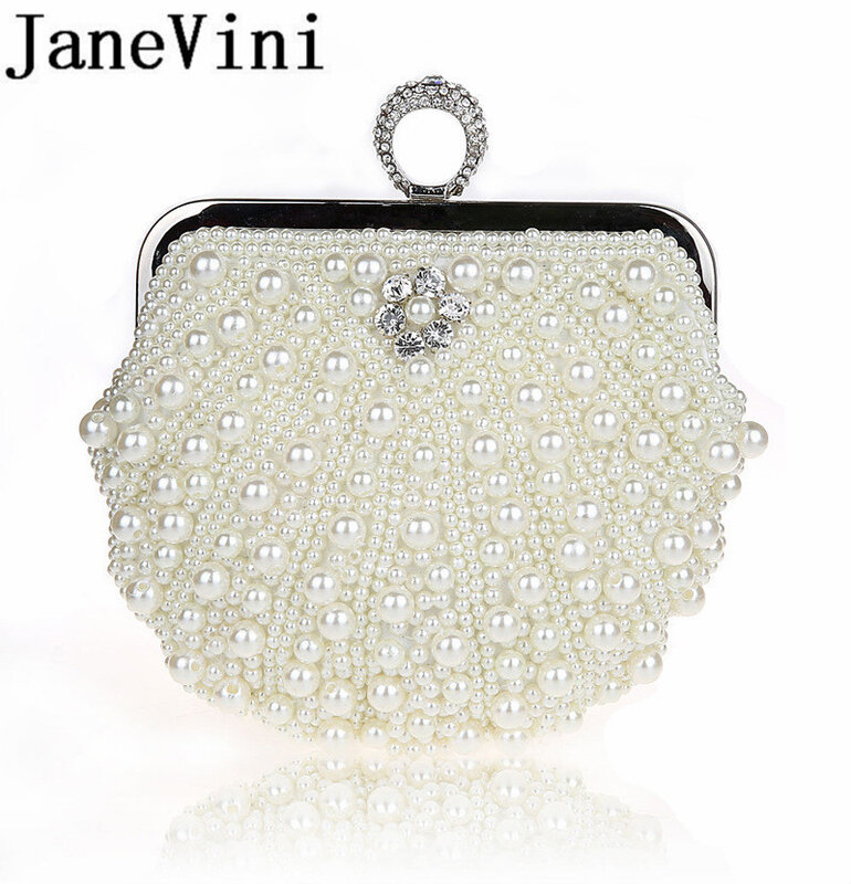 Janevini 2019 novo estilo concha bolsa feminina pérolas bolsas de noite marfim cristal brilhante festa casamento sacos embreagem com corrente carteiras