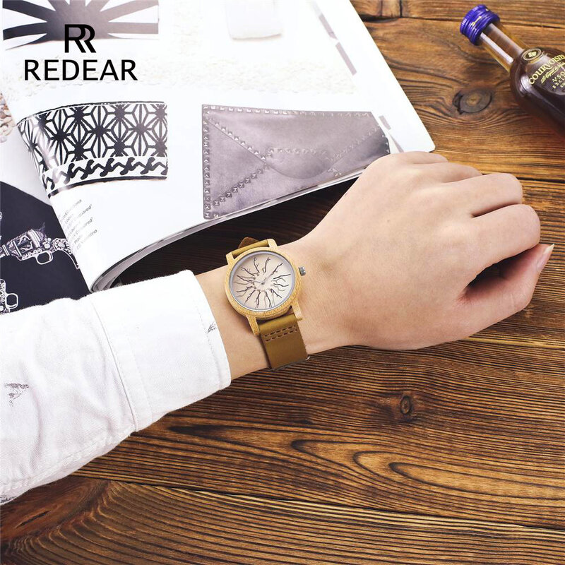 REDEAR-남성용 대나무 러브 시계, 정품 소가죽 시계, 미니멀리스트 포인터, 쿼츠, 남성 시계, 남성 시계