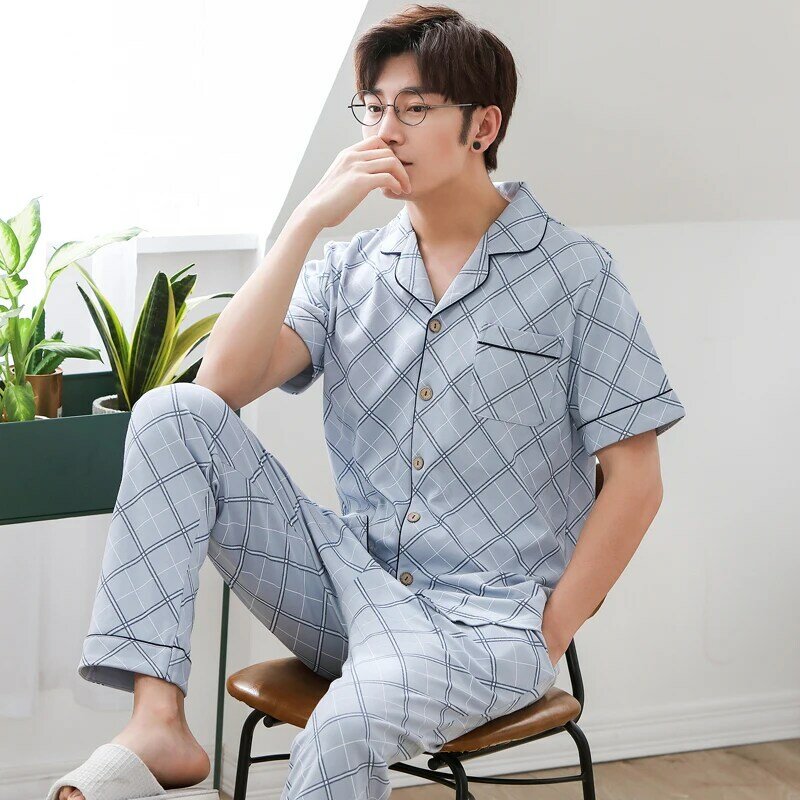 Conjunto de pijama de algodão de manga curta masculino, conjunto de pijamas masculinos, estampas xadrez finas, pijamas casuais, verão 2022