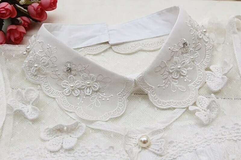 Fashion Women lotus leaf ear mesh bottoming doll blouse shirt white removable decorative Pointed collar rhinestone fake collar