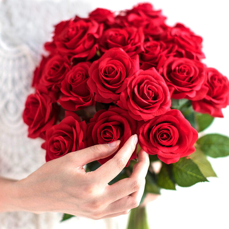 10 pièces lot fleur artificielle rose rouge vraie touche latex fleurs faux silicone faux rose bouquet décoration pour maison mariage