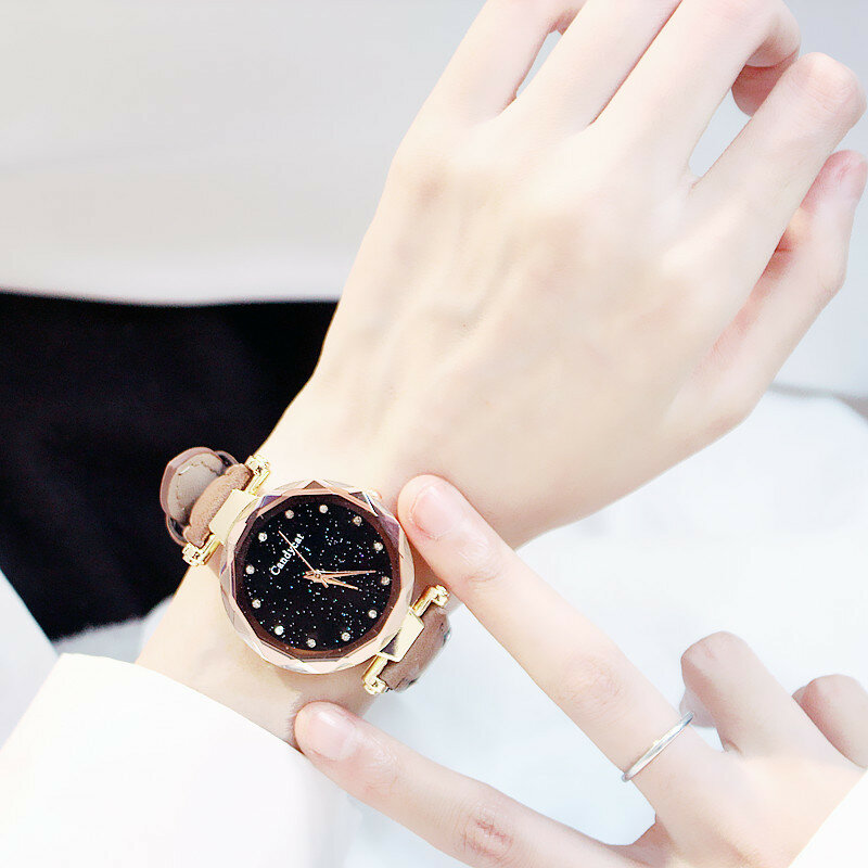 Luksusowe kobiety zegarki błyszcząca, niebo zegarek kobiet damskie kryształ górski zegarek kwarcowy zegarek z paskiem skórzanym zegar montre femme relogio