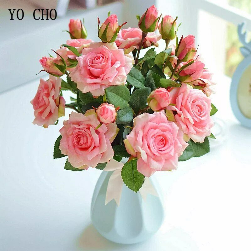 YO CHO เจ้าสาวช่อดอกไม้ Rose ดอกไม้ผ้าไหมประดิษฐ์ Rose แต่งงานอุปกรณ์ DIY Home Wedding PARTY Decor ดอกไม้