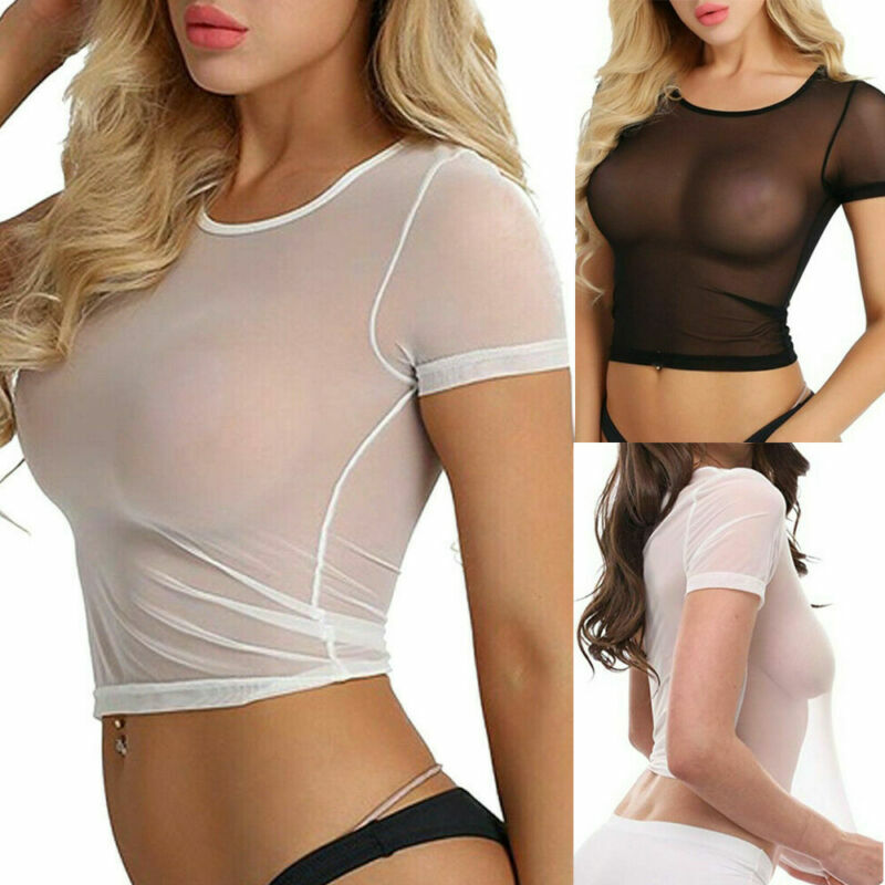 Kobiety Bikini górna pokrywa Up Sexy przezroczysta siateczka przepuszczalność krótkie bluzki Tee Club koszulka z krótkim rękawem bluzka szyfonowa przepuszczalność 2019