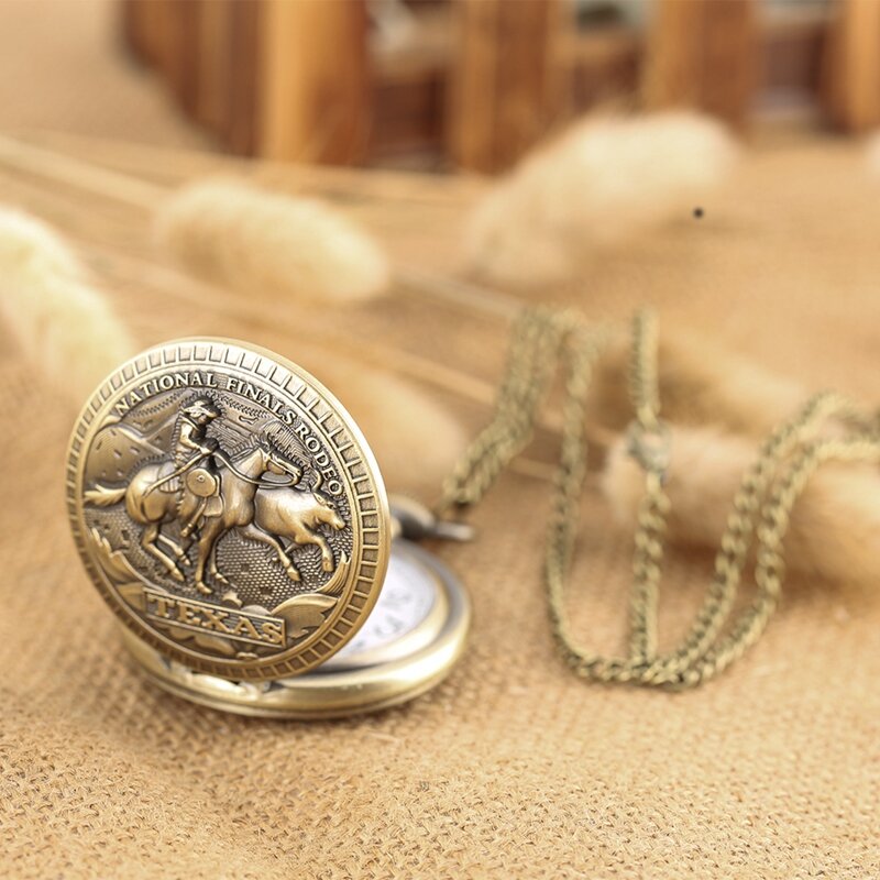 Perunggu US Texas National Finals Rodeo Design Quartz Pocket Watch Royal Bronze Kalung Liontin Watch Jam Tangan Hadiah untuk Pria Wanita