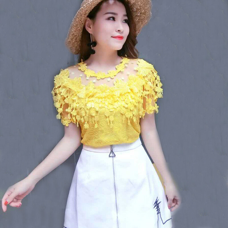 2018 New Summer Autumn Women Lace Blouse Sweet Floral Hollow Out Lace Shirt Female Backless Mesh Blouses Blusas Short Tops AB929