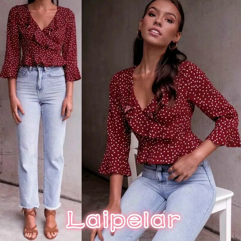 Autumn blouse women cross V neck floral wrap blouses sweet ruffles buttons flare sleeve shirt ladies casual tops blusas