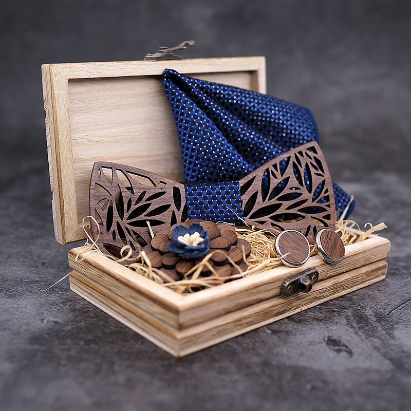 Conjunto de lenço de gravata de madeira para homens, gravata borboleta de madeira, abotoaduras Floral Lapela Corbata Gravata Broche