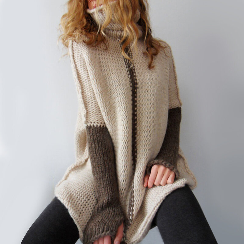 Suéter feminino gola alta malha outono inverno manga comprida pulôver