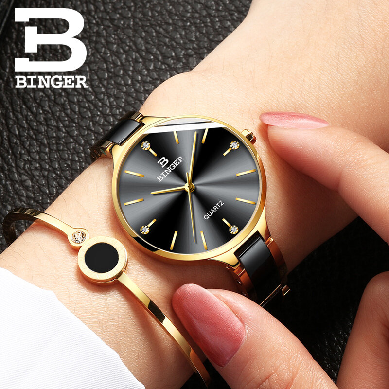 Zegarek Damski สวิตเซอร์แลนด์ BINGER นาฬิกาแฟชั่นผู้หญิงนาฬิกาสุดหรูสร้อยข้อมือเซรามิคนาฬิกา Sapphire กันน้ำ Montre Femme