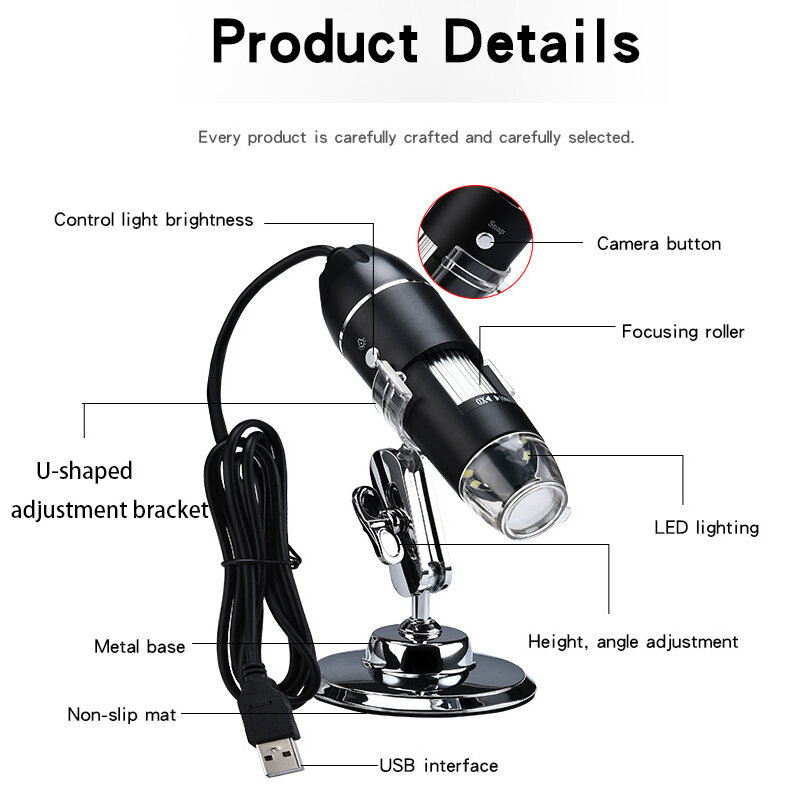 Microscópio Digital Portátil Portátil, Interface USB, Microscópios Eletrônicos, 8 LEDs com Suporte, 1600X, 1000X