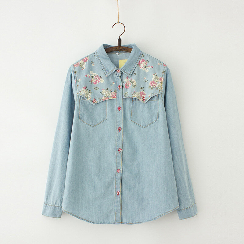 Blusa vaquera holgada para mujer, camisa de manga larga con estampado de flores, Estilo Vintage, AB327, talla grande 4XL