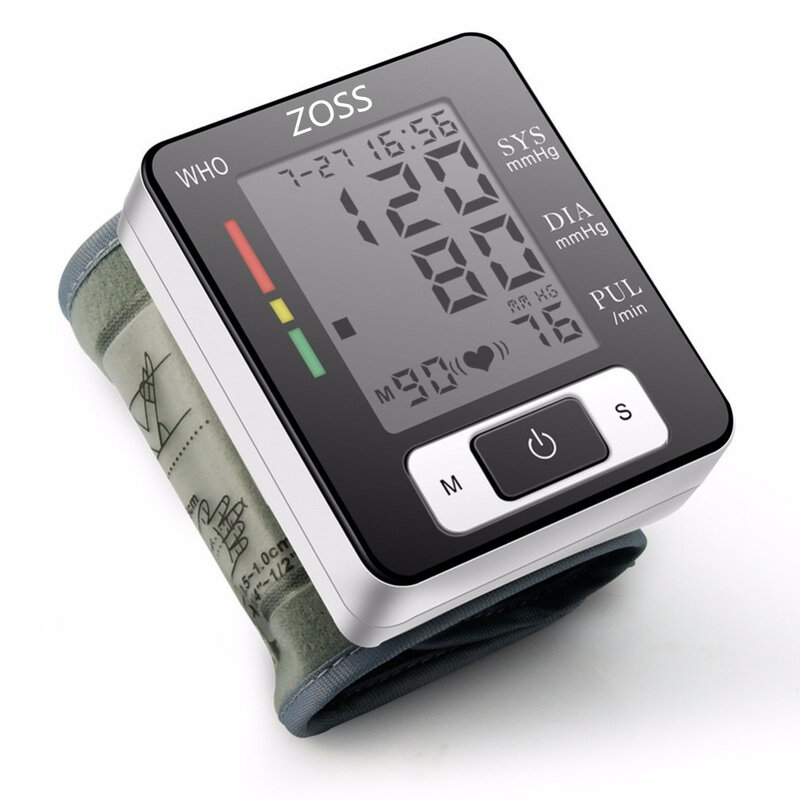 ZOSS inglese o russo voce polsino da polso Sphygmomanometer misuratore di pressione sanguigna Monitor frequenza cardiaca impulso tonometro portatile BP