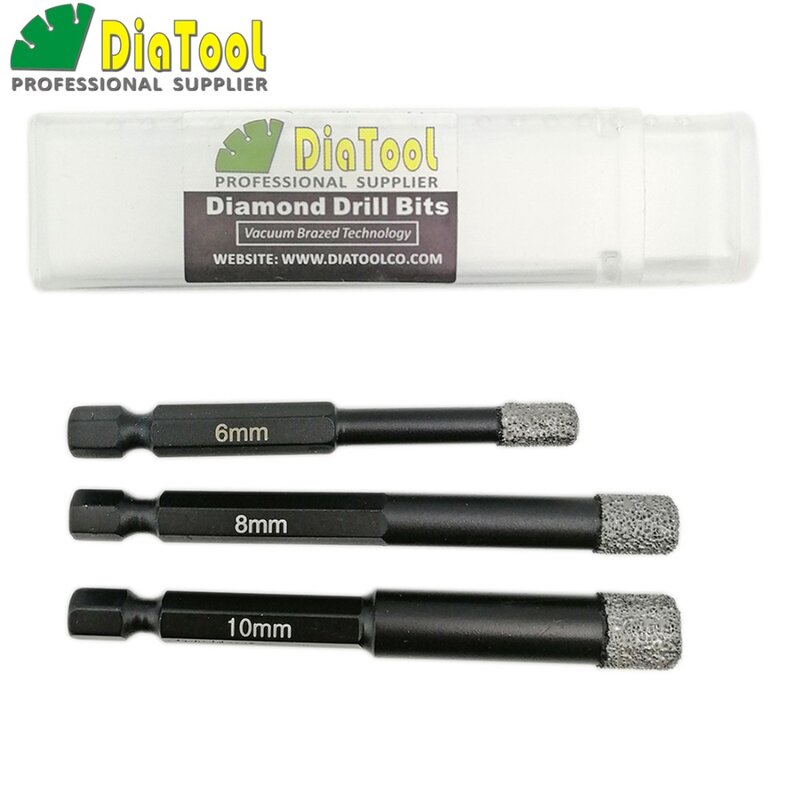 DIATOOL 3PK (6MM+8MM+10MM)Vaccum Brazed Diamond drilling bits for stone, porcelain/tile,Masonry, Dry drilling, quick-fit Shank