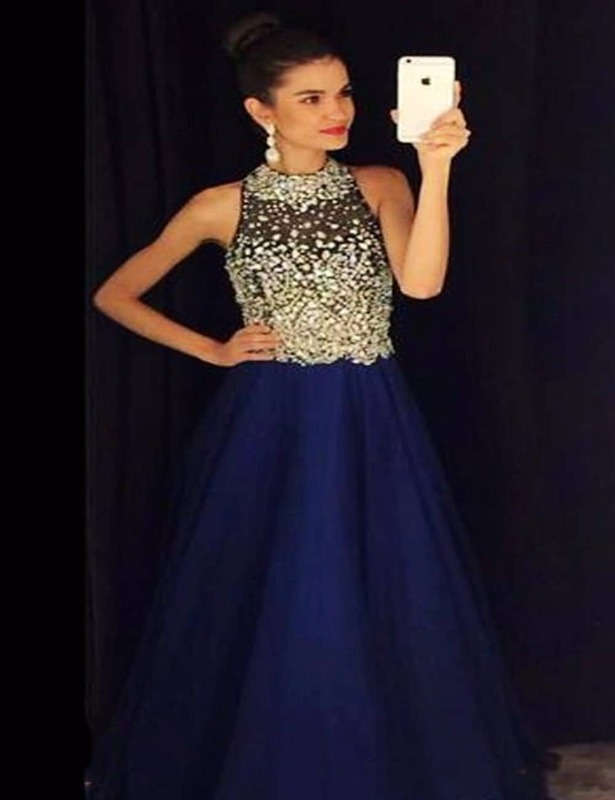 Elegant A Line Royal Blue Prom Dresses High Neck Beaded Crystals Chiffon Long Evening Dresses Prom Gown Robe De Soiree