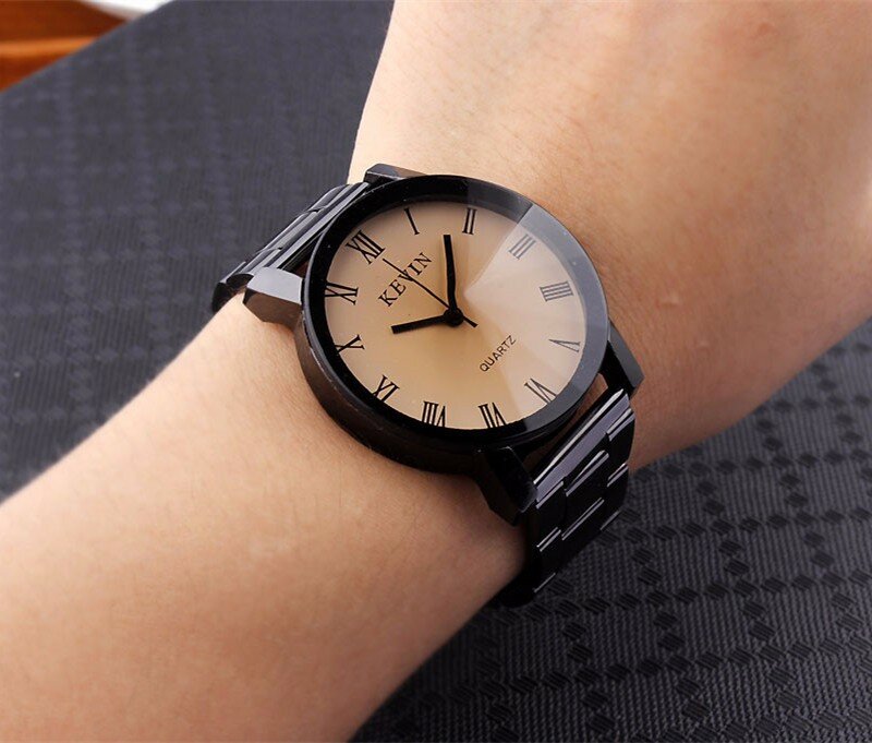 KEVIN-Relógio de pulso de quartzo para homens e mulheres, preto com mostrador redondo, pulseira de aço inoxidável, presentes, novo design, moda para casais
