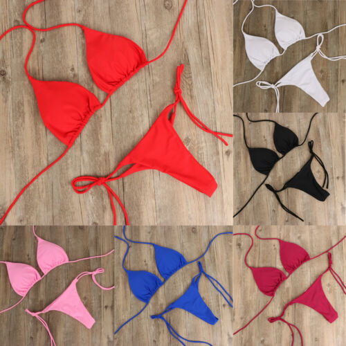Conjunto de biquíni sexy para mulheres, maiô de 2 partes, sutiã, gravata, lado, fio dental, tanga, praia, triângulo, maiô, maiô, verão