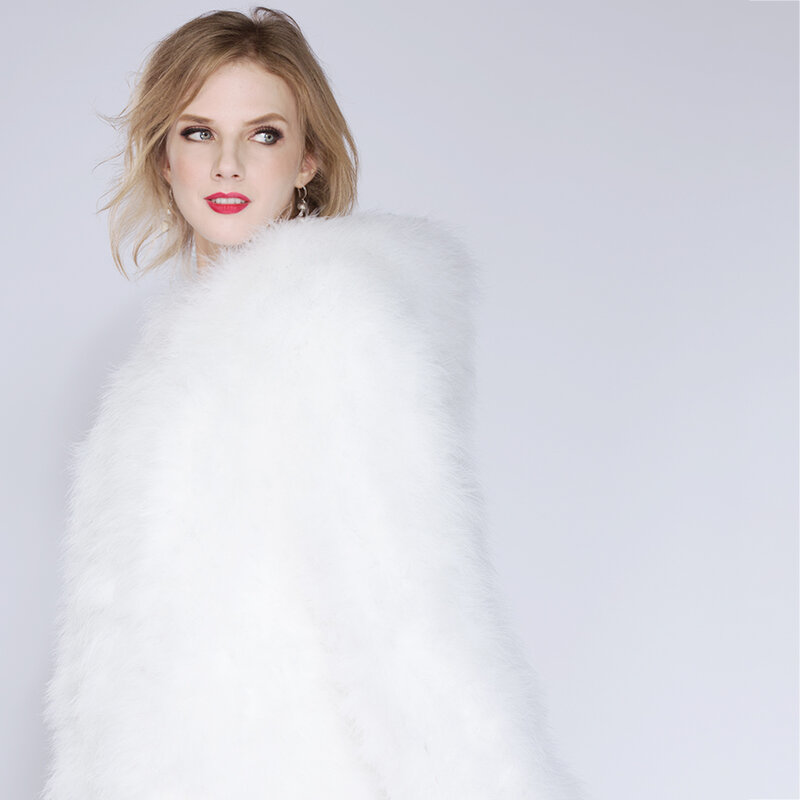 Newowlbie Fashion białe futro z indyka damskie ciepłe z długim rękawem płaszcz zimowy obwód bioder regulowane futro naturalne z kapturem