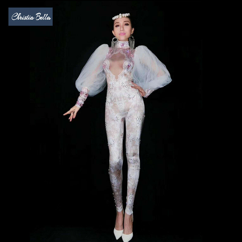 Christia bella sexy rendas strass macacões mangas de malha bodysuit feminino trajes de festa desempenho collant cantor palco wear