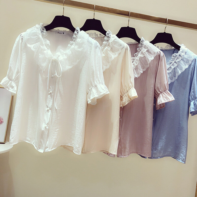 Милая Кружевная рубашка с бантом женская летняя блуза с короткими рукавами и v-образным вырезом Топ для девочек, чистый цвет, новый корейский стиль преппи рубашки H9155