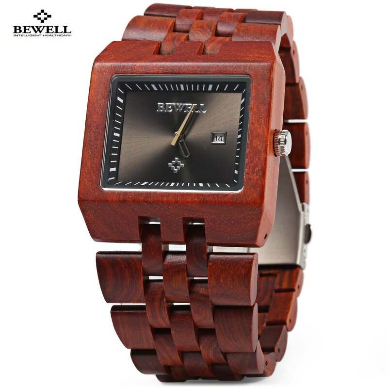 Bewell-reloj analógico de madera para hombre, accesorio de pulsera resistente al agua con movimiento de cuarzo importado, calendario a la moda